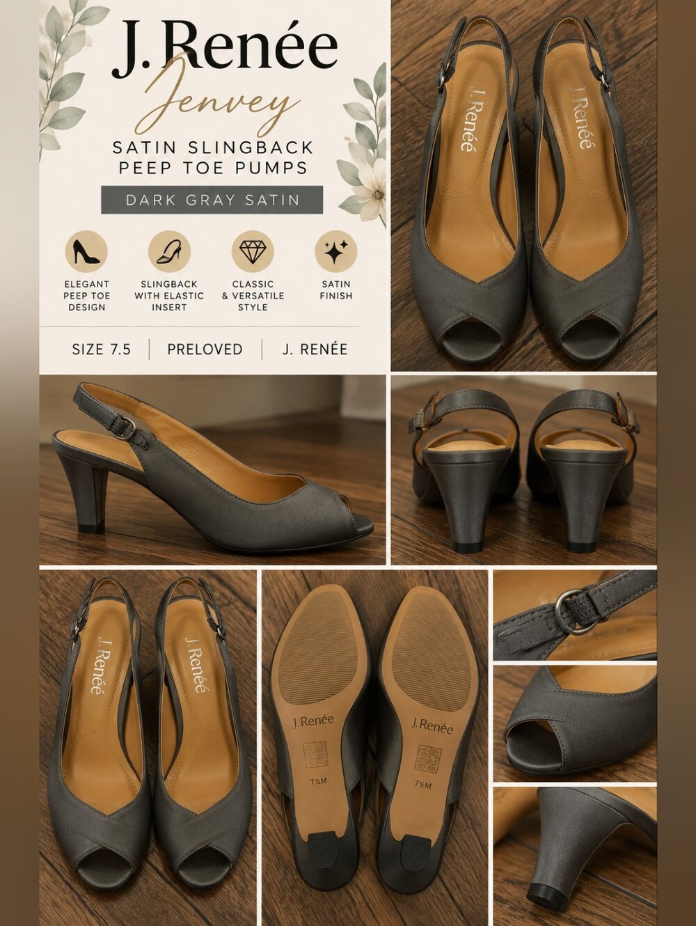 J.Renee Dark Gray Satin Slingback Peep Toe Pumps